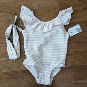 NWT H&M size 2-4y pink and white striped swimsuit with headband